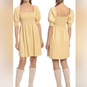 7 for all mankind yellow faux leather puff sleeve smocked dress size small